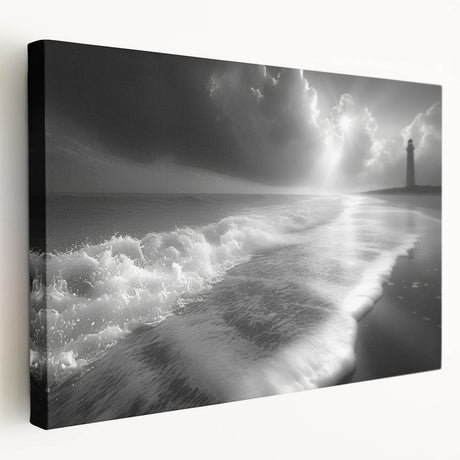 Stretched canvas wall art showcasing a serene lighthouse landscape design in vibrant colors, ideal for coastal-themed home decor, adding a calming ambiance to any room.