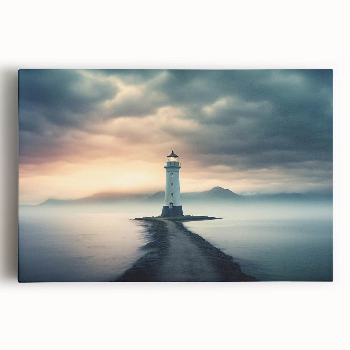 Stretched canvas wall art collection showcasing a serene lighthouse design against a vibrant sunset, perfect for coastal-themed decor. Ideal for nautical enthusiasts.