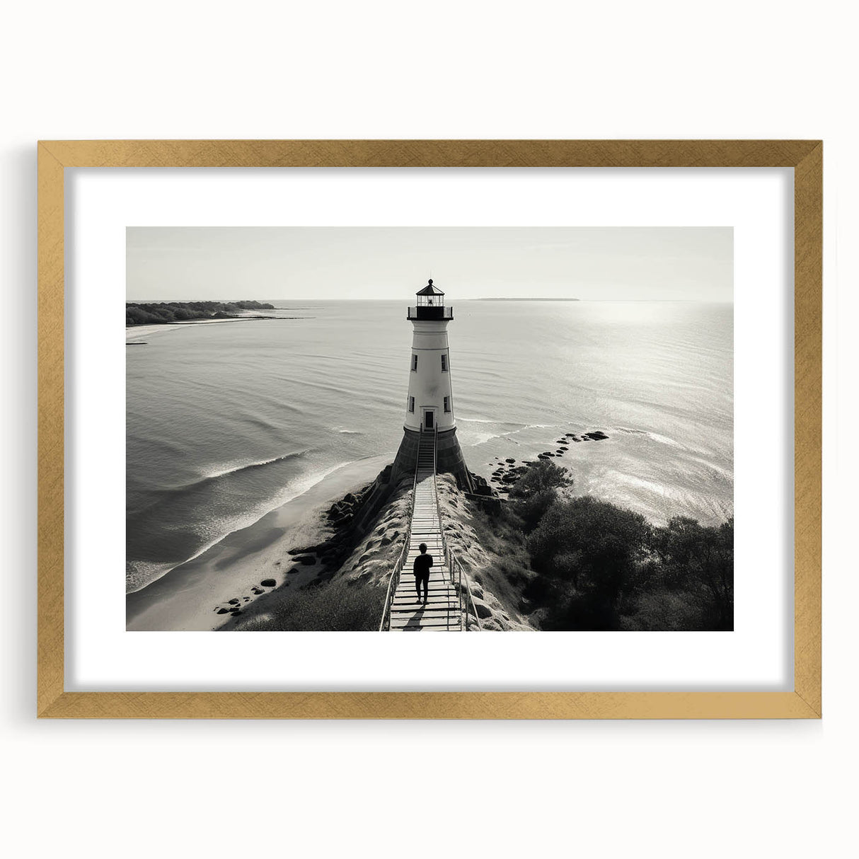 Framed wall art collection featuring a serene lighthouse landscape design with a gold mat and frame, ideal for enhancing living spaces with coastal décor.