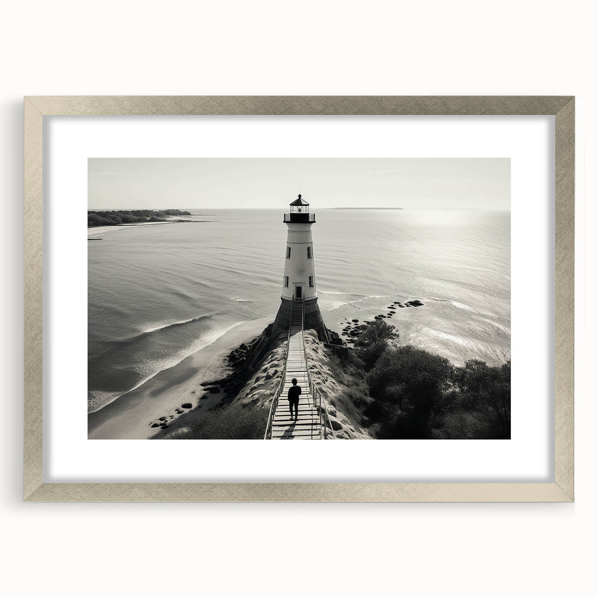 Framed landscape wall art collection featuring a silver mat and lighthouse design, perfect for coastal decor, displayed from a front view to highlight details.