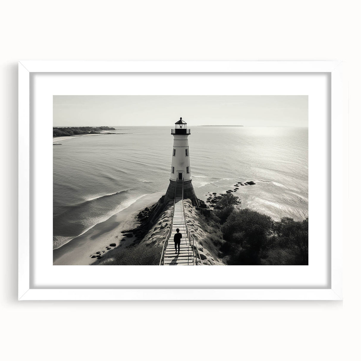 Framed wall art collection showcasing a serene lighthouse landscape design with a white mat, perfect for coastal decor, enhancing home aesthetics with tranquility.