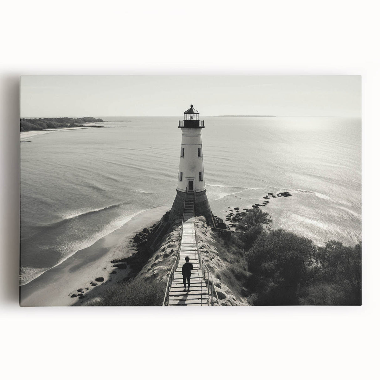 Vibrant wall art collection featuring a scenic lighthouse design on stretched canvas, showcasing a tranquil coastal landscape with vivid colors, ideal for home decor.