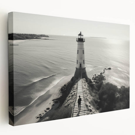 Stretched canvas wall art featuring a serene coastal landscape with a lighthouse, showcasing vibrant colors and intricate details, perfect for home decor.