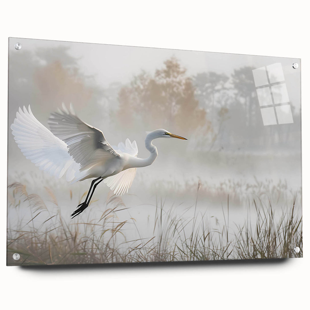Acrylic glass wall art showcasing a vibrant swamp landscape design with lush greenery and tranquil water reflections, elegantly displayed from a side view with decorative pins.