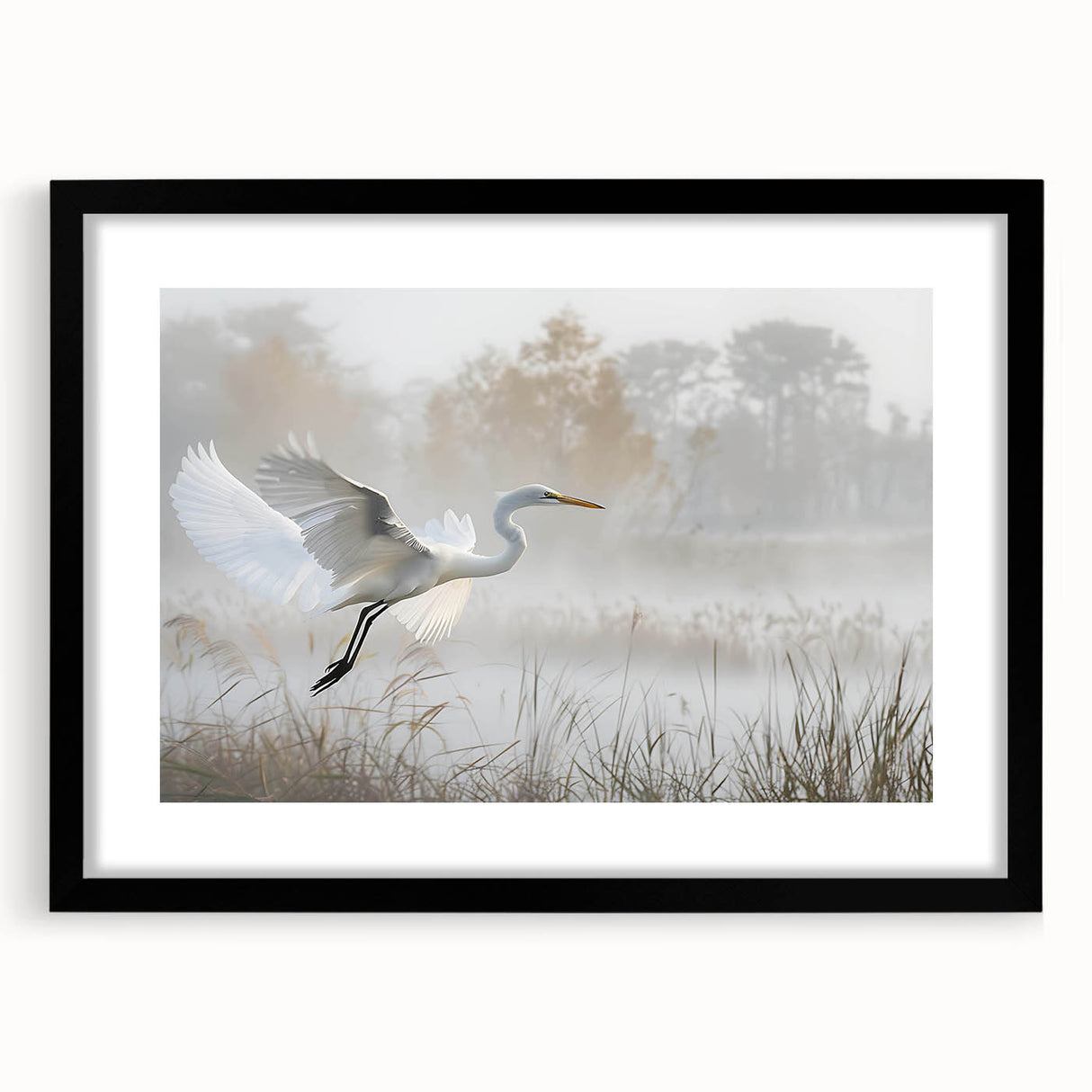 Framed wall art showcasing a serene marsh landscape design, featuring lush greenery and a tranquil water setting, with a sleek black frame and mat for a modern aesthetic.