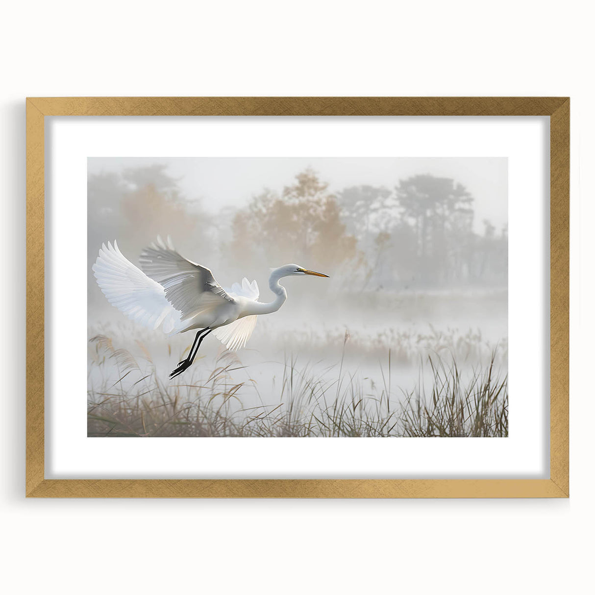 Elegant wall art featuring a marsh landscape design, framed in gold with a mat, showcasing serene swamp colors and intricate details for home decor enhancement.