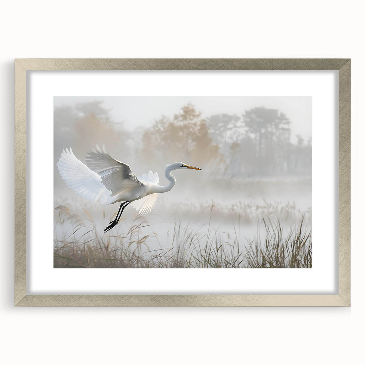 Framed wall art featuring a serene marsh landscape with lush greenery and soft blue water, accented by a silver frame and white matting, perfect for home decor.