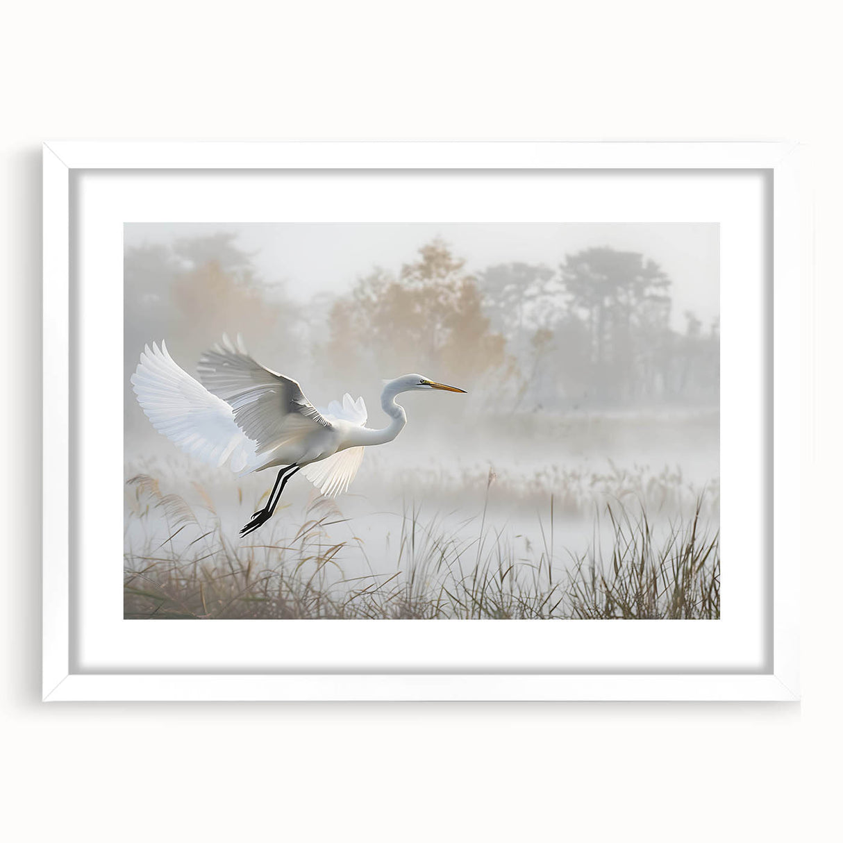 Framed wall art featuring a serene marsh landscape with vibrant greens and blues, set in a white mat. Perfect for enhancing home decor with nature-inspired aesthetics.