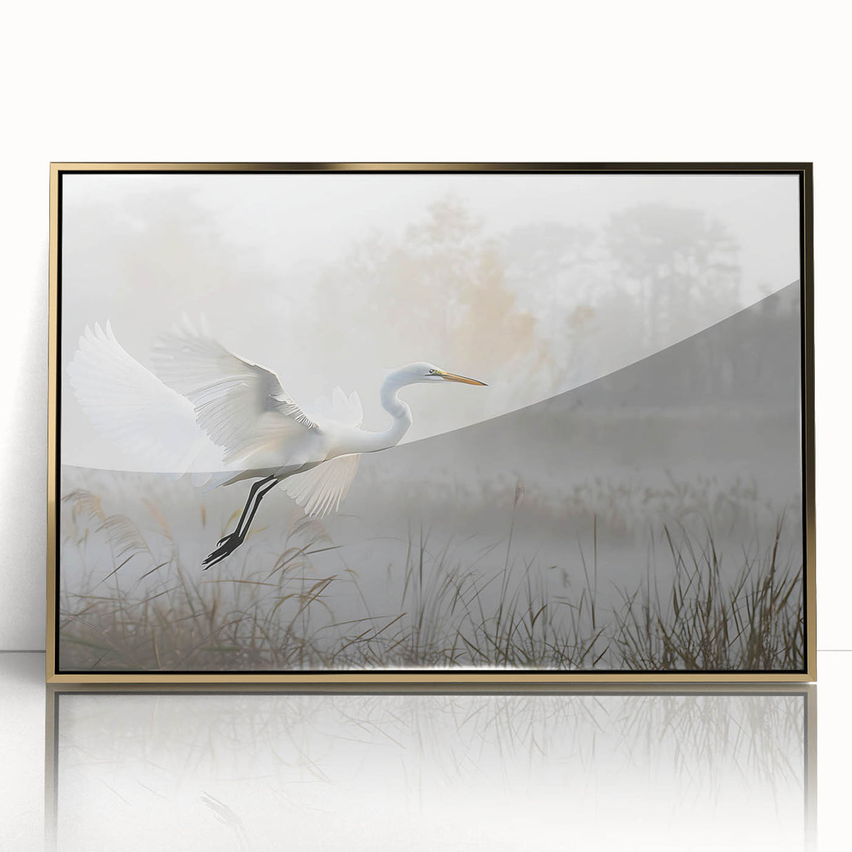 Framed acrylic artwork depicting a serene marsh landscape, showcasing lush greenery and tranquil water reflections, enhanced with a gold frame for elegance.
