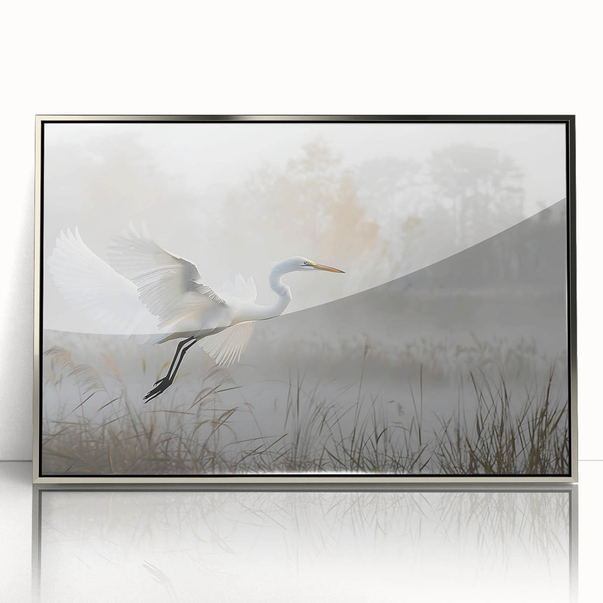 Framed wall art depicting a serene marsh landscape with vibrant greenery and tranquil water, featuring a sleek silver frame that enhances the natural beauty of the scene. Ideal for nature lovers and home decor enthusiasts.