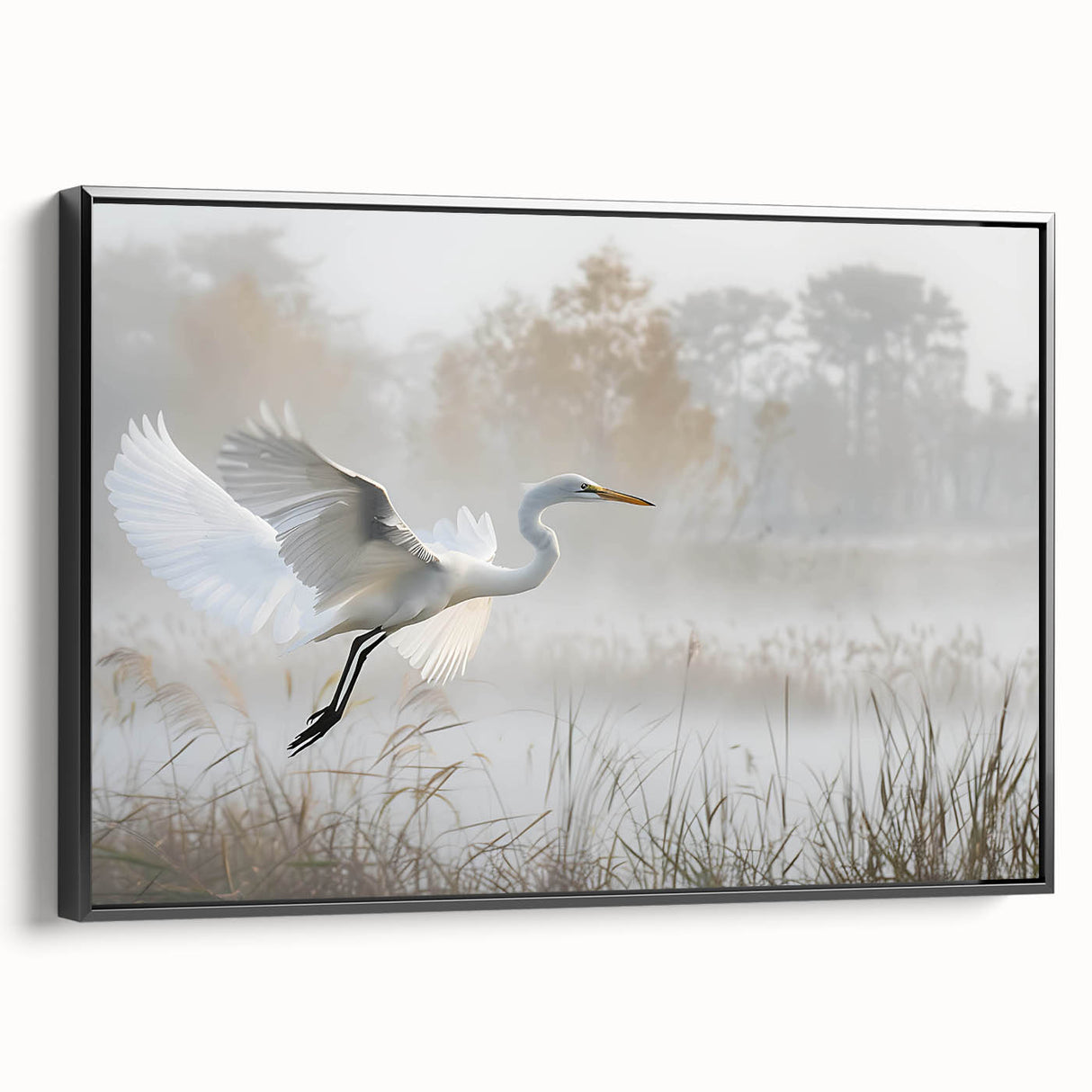 Framed canvas wall art showcasing a serene marsh and swamp landscape design, featuring rich greens and blues, with a sleek black frame, ideal for nature lovers.