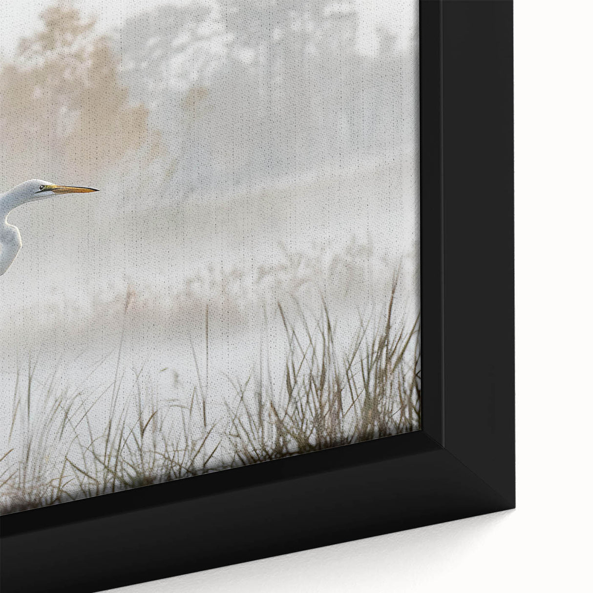 Close-up of a framed canvas displaying a vibrant marsh and swamp landscape design, featuring rich greens and blues, ideal for nature-themed home decor.