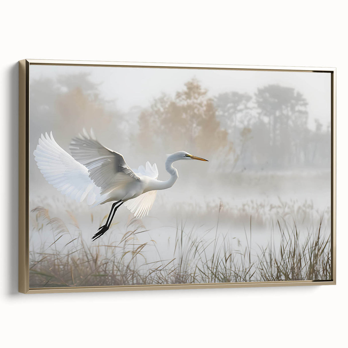 Framed canvas wall art showcasing a serene marsh landscape with lush greenery and reflective water, set in an elegant gold frame, perfect for home decor.