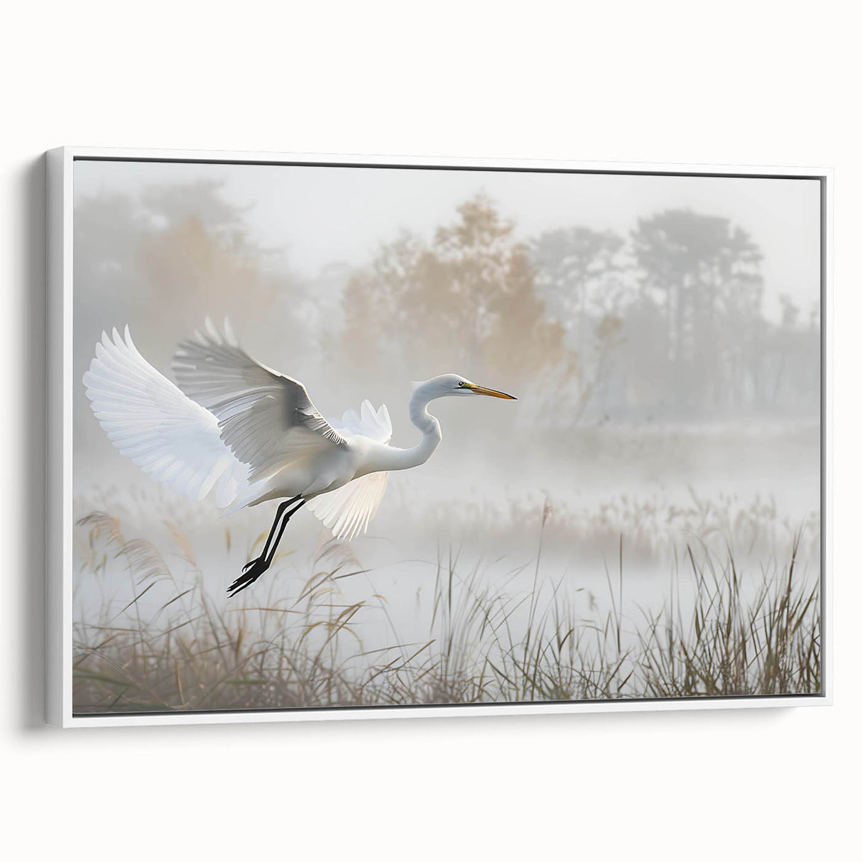 Framed canvas wall art depicting a serene marsh landscape with vibrant greenery and soft blue sky, ideal for enhancing home decor with nature-inspired elegance.