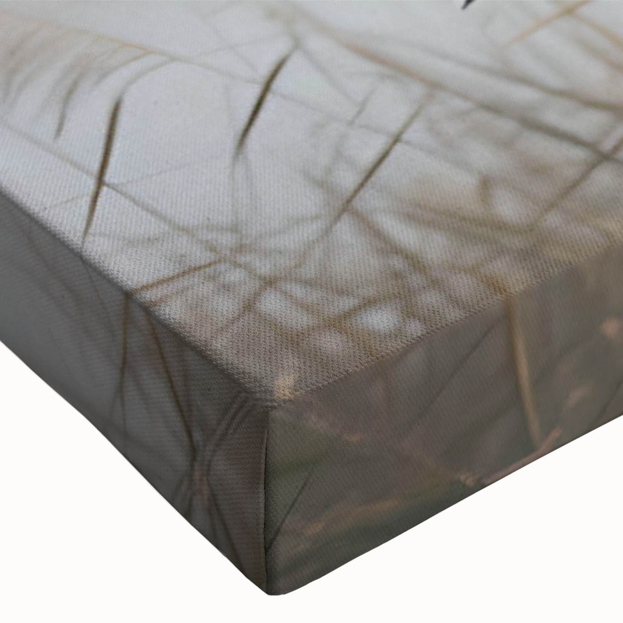 Close-up view of a vibrant stretched canvas showcasing a serene marsh landscape with lush greenery and soft reflections in the water, ideal for nature-themed decor.