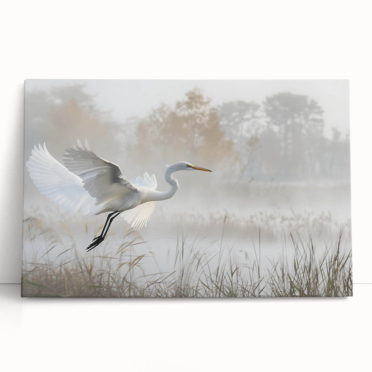 Stretched canvas artwork depicting a serene marsh landscape with vivid greens and soft blues, ideal for nature-inspired home decor. Perfect for creating a calming atmosphere.