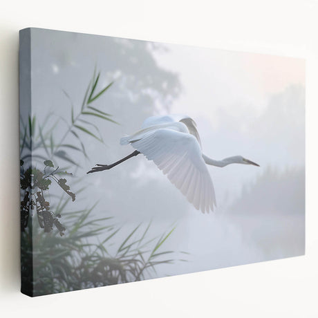 Stretched canvas artwork depicting a serene marsh landscape with lush greenery, reflecting water, and vibrant blue sky, ideal for nature-themed decor.