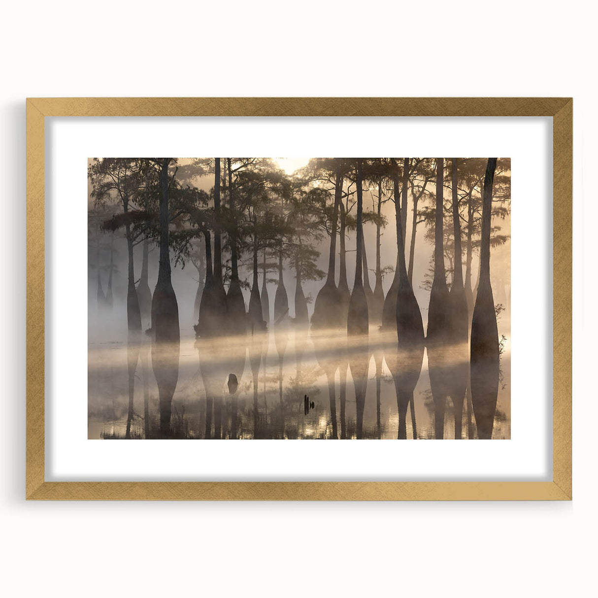 Framed wall art collection showcasing a serene marsh landscape with vibrant greens and soft blues, elegantly matted and accented with a gold frame, perfect for home decor.