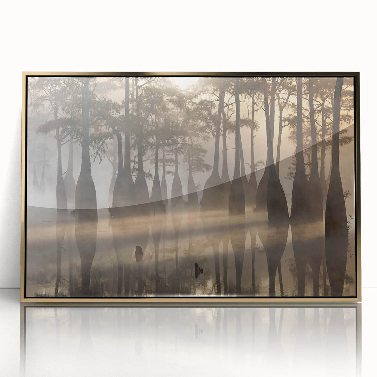 Framed acrylic wall art showcasing a vibrant marsh and swamp landscape, accented with a gold frame, perfect for adding a touch of nature to home decor.
