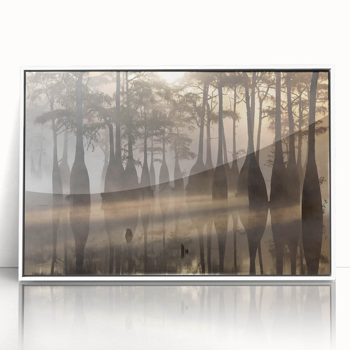 Framed wall art showcasing a serene marsh landscape with vibrant green reeds and soft blue water, ideal for adding a touch of nature to home decor.