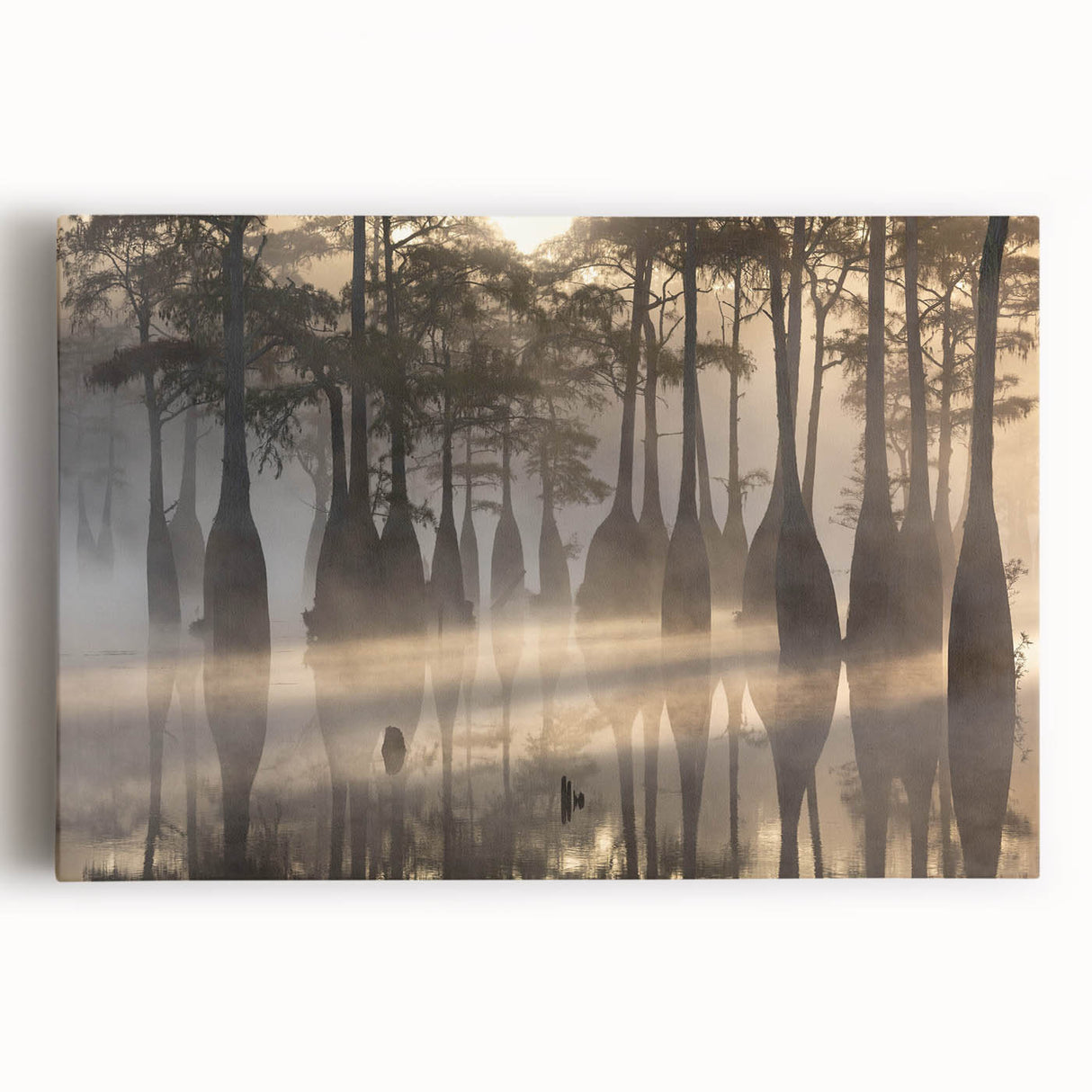 Vibrant stretched canvas wall art depicting a serene marsh landscape, showcasing lush greenery and tranquil water reflections, perfect for nature enthusiasts.