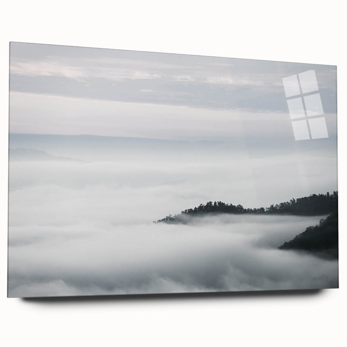Acrylic glass wall art showcasing a serene misty landscape design, featuring soft hues of blue and gray, elegantly displayed from a side view without pins. Perfect for enhancing modern decor.