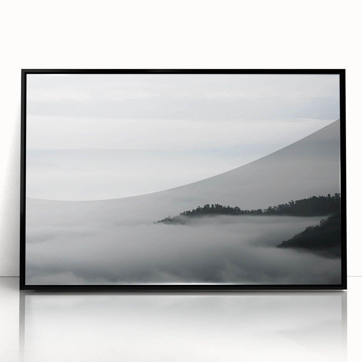 Framed acrylic wall art showcasing a serene landscape design shrouded in mist, featuring soft gray and white tones, perfect for modern home decor.