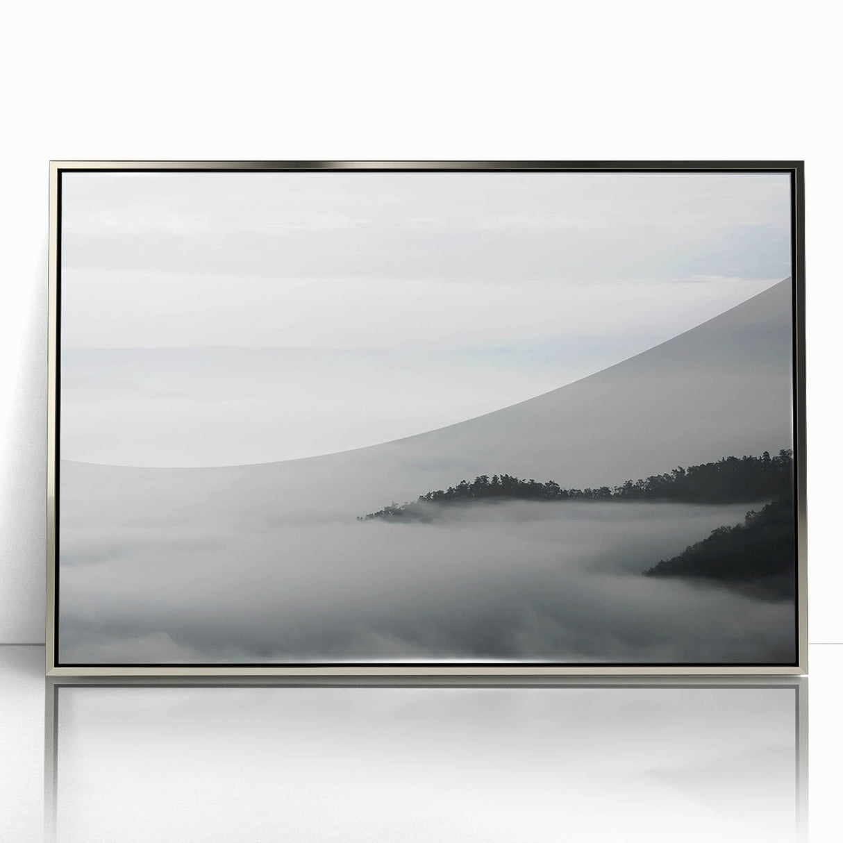 Framed acrylic wall art showcasing a serene misty landscape design in silver, ideal for modern home decor, adding elegance and tranquility to any space.