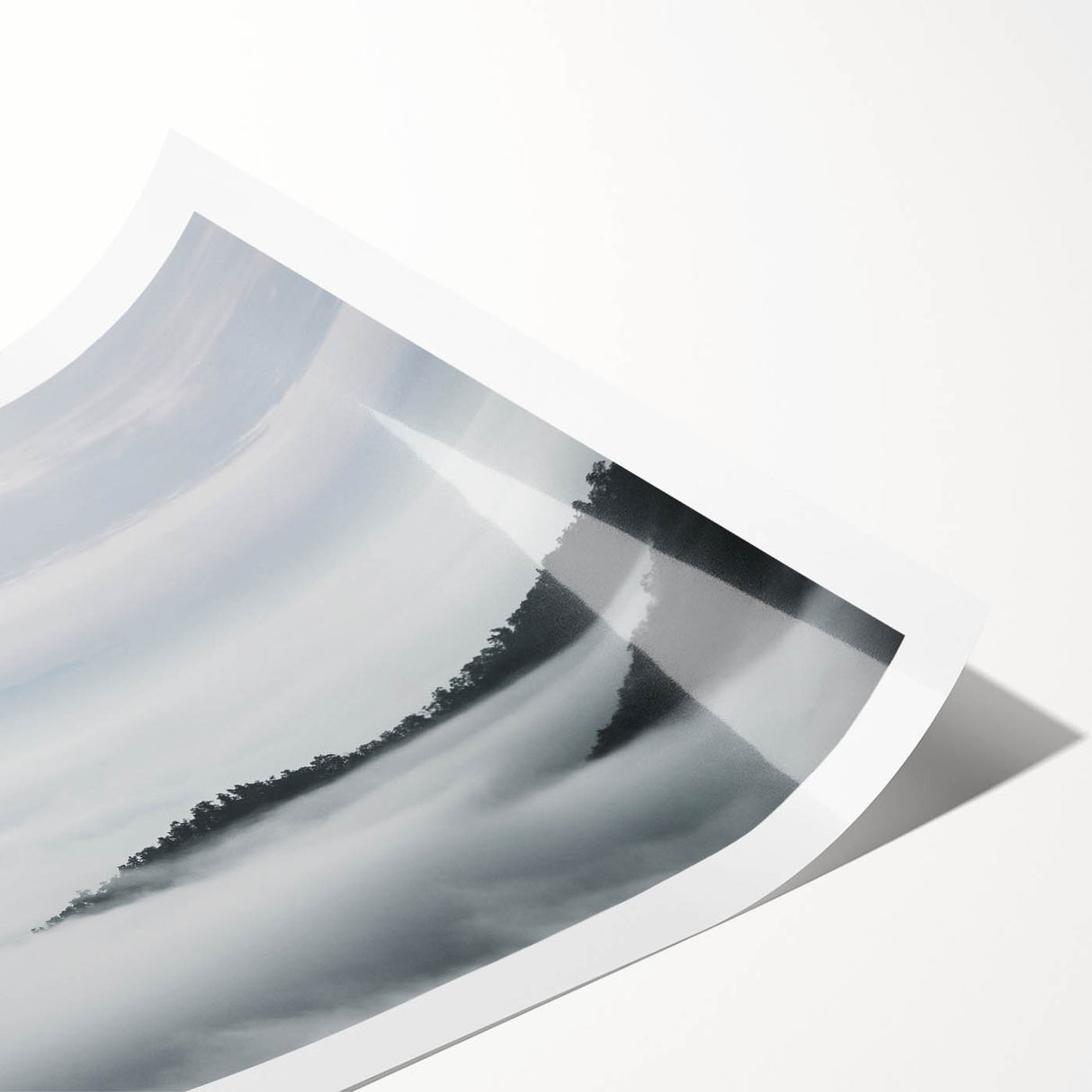 Rolled print showcasing a serene landscape design featuring mist and fog, perfect for home decor. The artwork emphasizes tranquil colors and soft textures, adding elegance to any space.