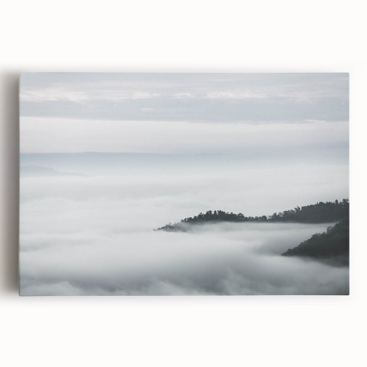 Stretched canvas wall art featuring a serene landscape design with mist and fog, showcasing soft colors and tranquil scenery, perfect for home decor.