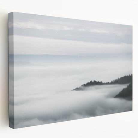 Side view of a stretched canvas art piece depicting a serene landscape shrouded in mist, ideal for home decor. The artwork features soft, muted colors that create a calming atmosphere, making it a perfect addition to any living space.