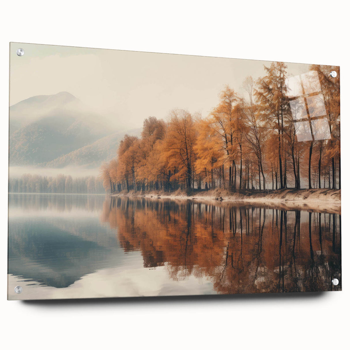 Acrylic wall art design showcasing a serene landscape with mist and fog, viewed from the side, featuring sleek pins for easy display and modern decor.