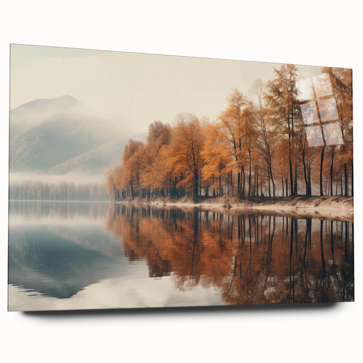 Acrylic glass wall art featuring a serene landscape design with mist and fog, showcasing soft hues of blue and gray, perfect for modern home decor.