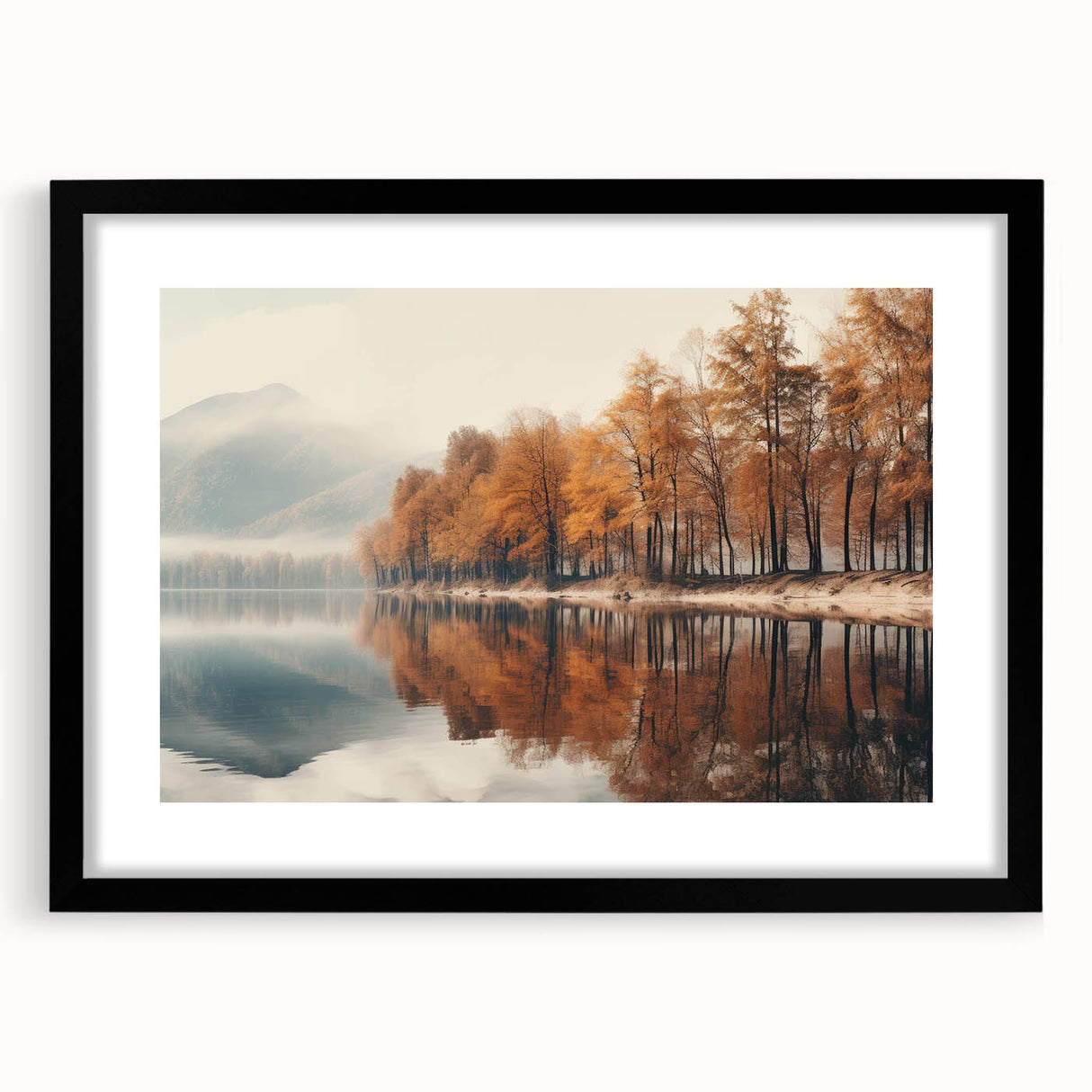 Framed wall art featuring a serene landscape design with misty fog, presented in a sleek black frame, perfect for enhancing modern home decor. Ideal for nature lovers.