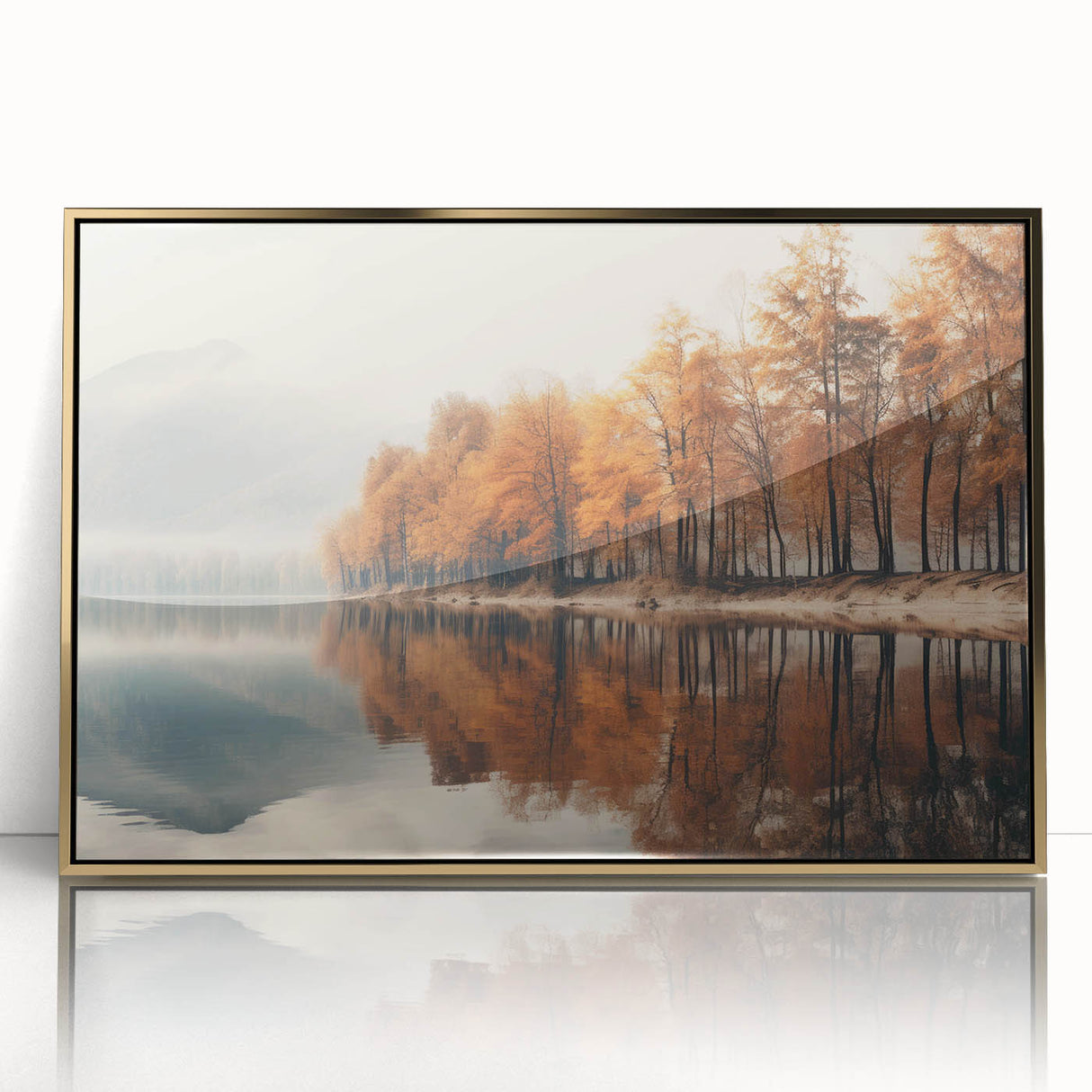 Framed acrylic wall art showcasing a serene misty landscape with soft fog, featuring a gold frame that enhances the tranquil ambiance, perfect for modern home decor.