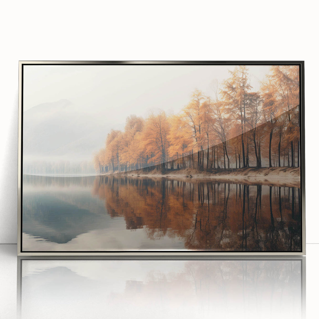 Framed acrylic wall art featuring a serene misty landscape design with soft gray and silver tones, ideal for modern home decor and enhancing living spaces.