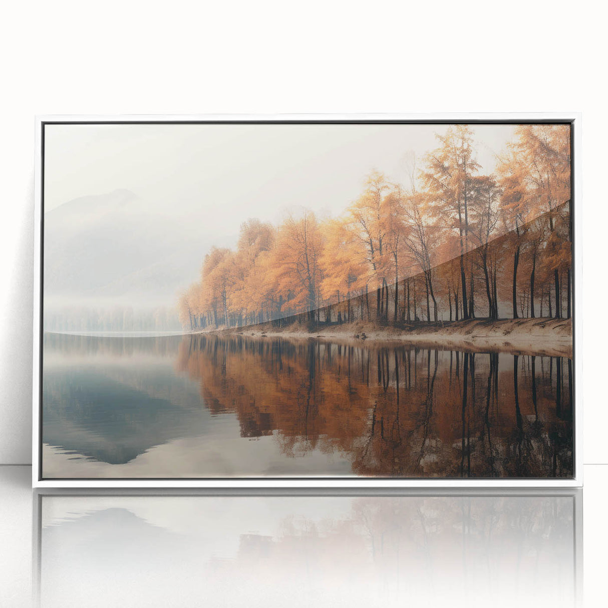 Framed acrylic wall art showcasing a serene landscape scene enveloped in mist, featuring soft color tones of gray and white, perfect for modern home decor.