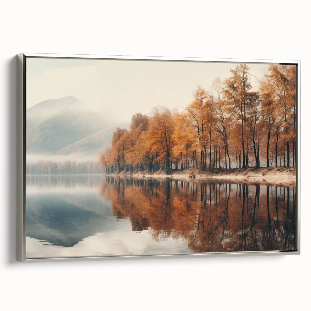 Framed wall art showcasing a serene landscape design with mist and fog, featuring a silver frame and elegant canvas texture, perfect for home decor.