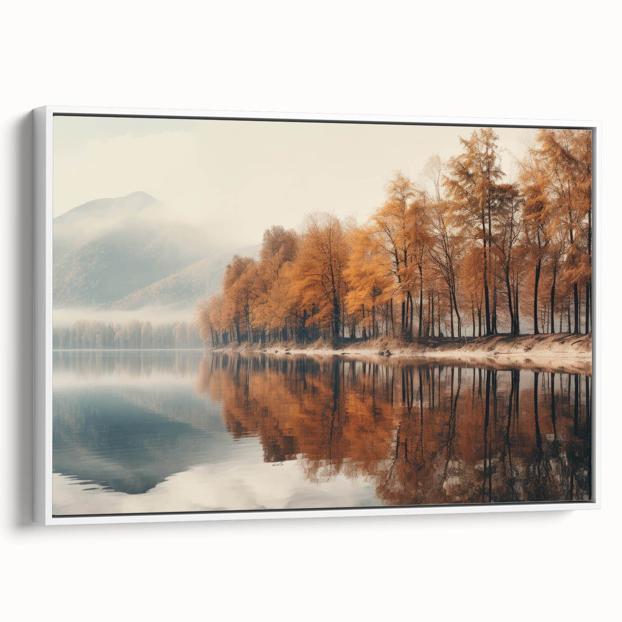 Framed canvas wall art showcasing a serene landscape design with mist and fog, featuring soft gray and white tones, ideal for modern home decor.