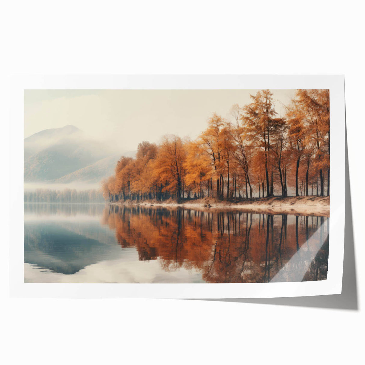 Rolled print of a serene landscape featuring misty mountains and soft fog, ideal for home decor. The artwork showcases a calming color palette, enhancing any interior space.