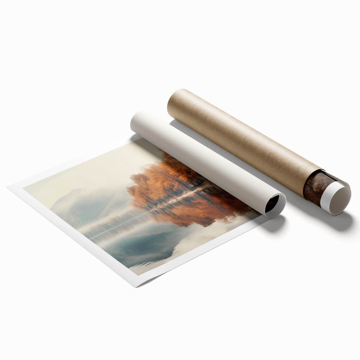 Rolled print artwork showcasing a serene landscape design with mist and fog, featuring soft color gradients and abstract forms, ideal for home decor. Perfect for adding tranquility to any space.