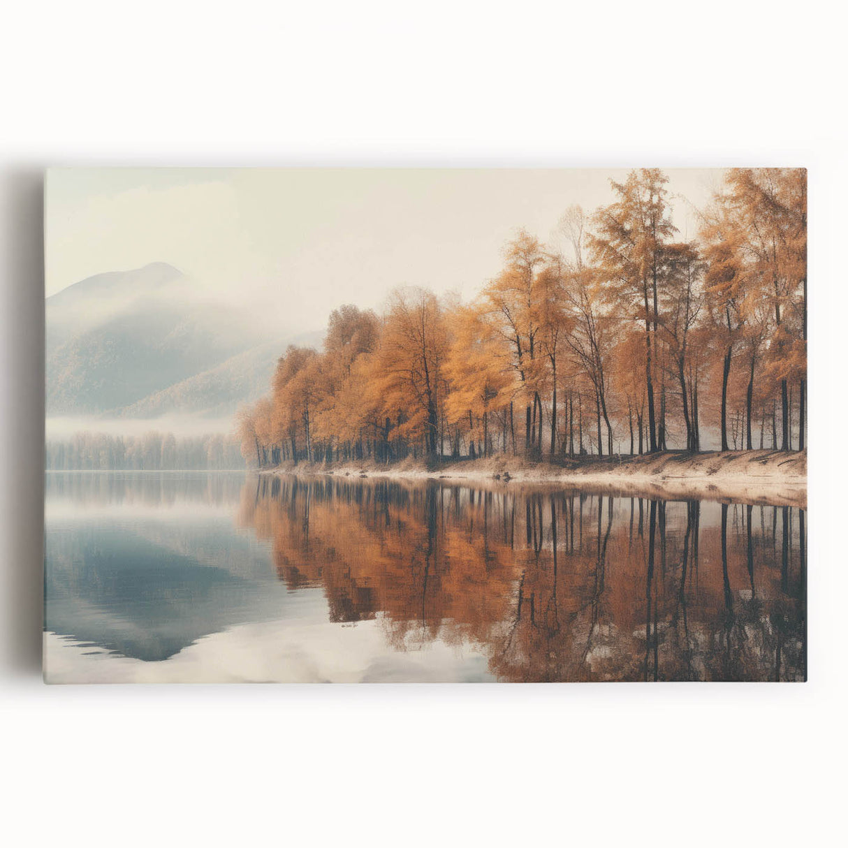 Stretched canvas wall art showcasing a serene landscape design with mist and fog, perfect for adding a calming touch to home decor. Ideal for nature lovers and art enthusiasts.