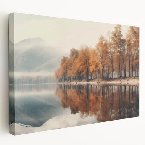 Stretched canvas wall art featuring a serene misty landscape design, showcasing soft hues of blue and gray, ideal for enhancing modern home decor.