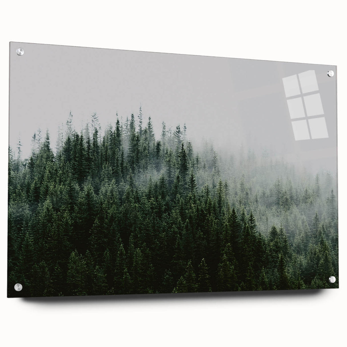 Acrylic glass wall art collection showcasing a serene misty landscape design, featuring subtle hues of blue and gray, elegantly displayed from a side view with pins for mounting. Ideal for enhancing modern home decor with tranquility and style.