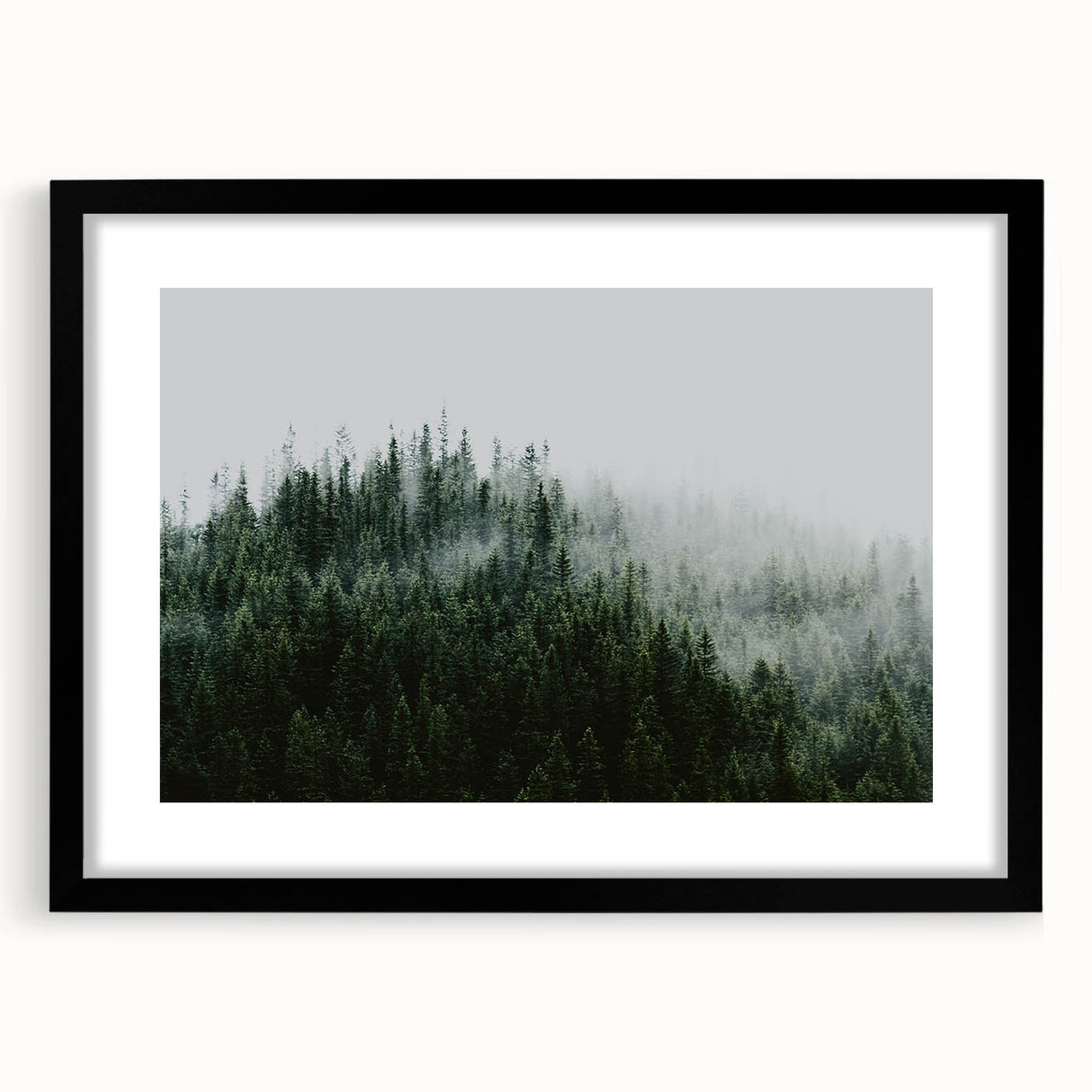 Minimalist black-framed wall art showcasing a serene landscape design with mist and fog elements, ideal for modern home decor and enhancing ambiance.