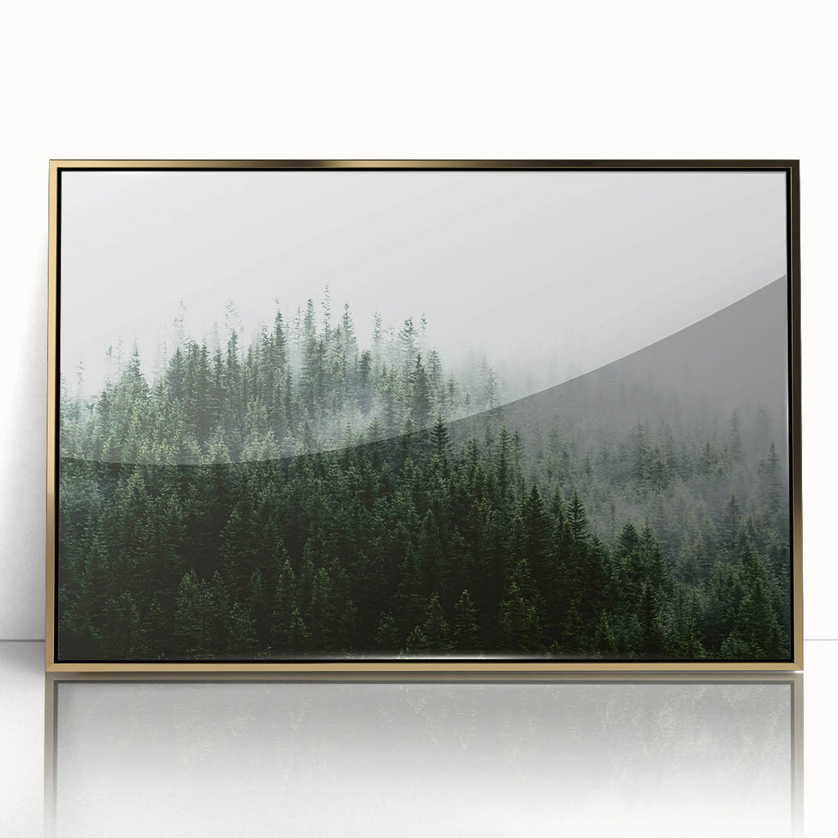 Framed wall art featuring a misty landscape design with soft fog and warm gold accents, perfect for enhancing interior decor in modern spaces.