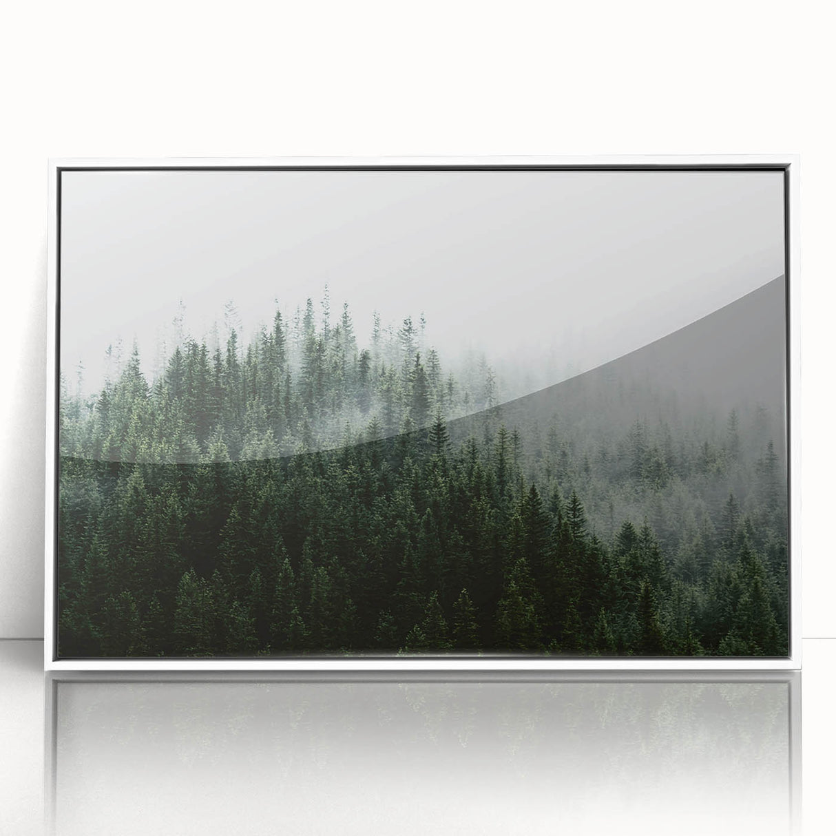 Framed acrylic wall art design showcasing a serene misty landscape with soft fog, featuring a white frame that enhances the calming aesthetic, ideal for home decor.