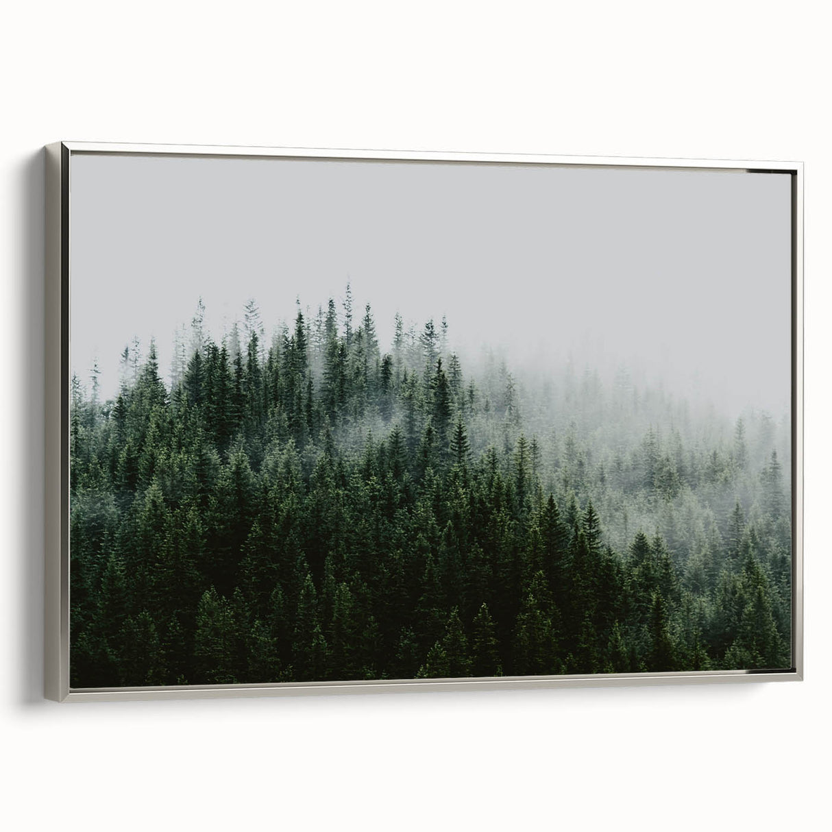 Framed canvas wall art showcasing a serene landscape design with misty fog, featuring soft gray and silver tones, perfect for modern home decor.