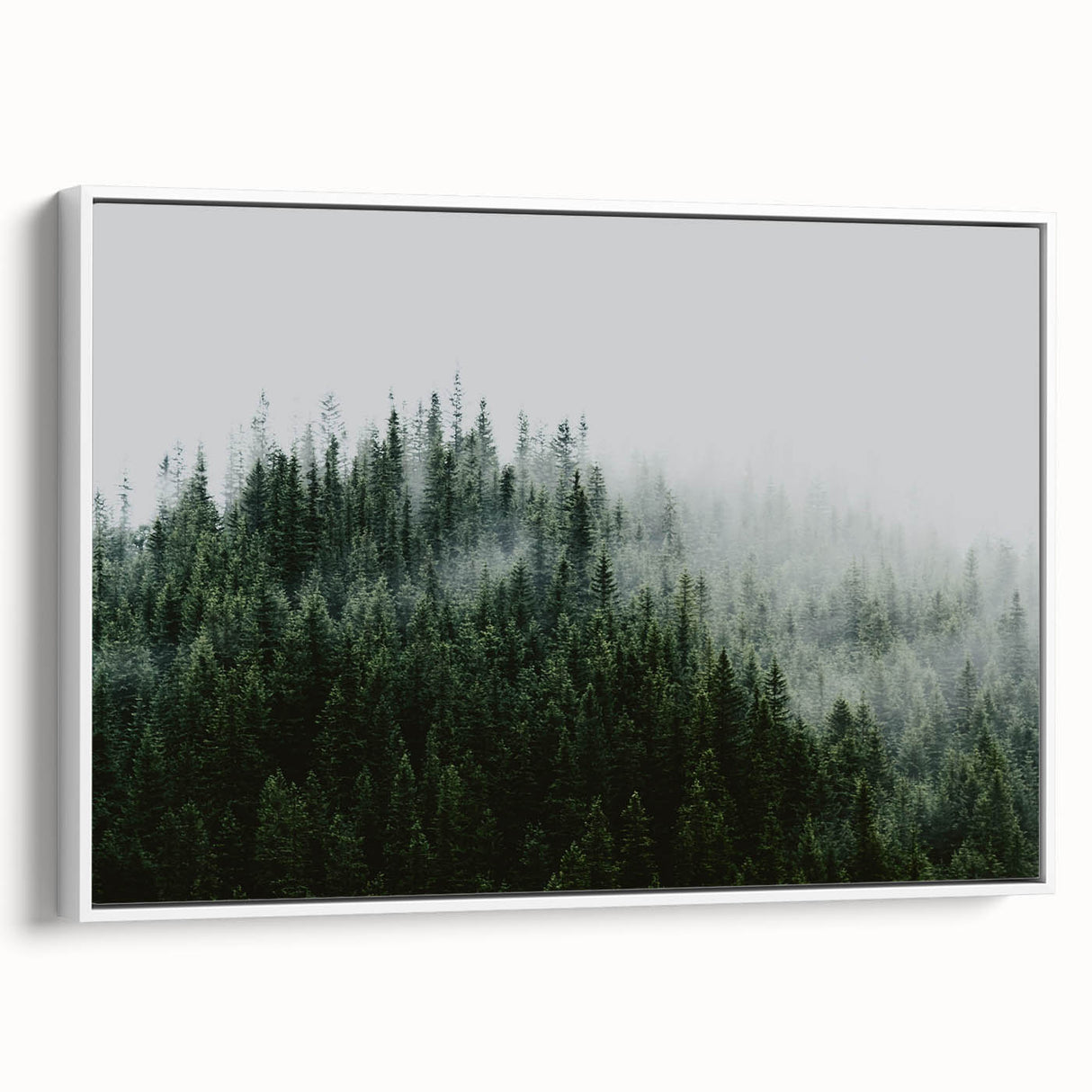 Framed canvas wall art featuring a serene landscape design shrouded in mist and fog, showcasing soft colors and a calming atmosphere, perfect for home decor.