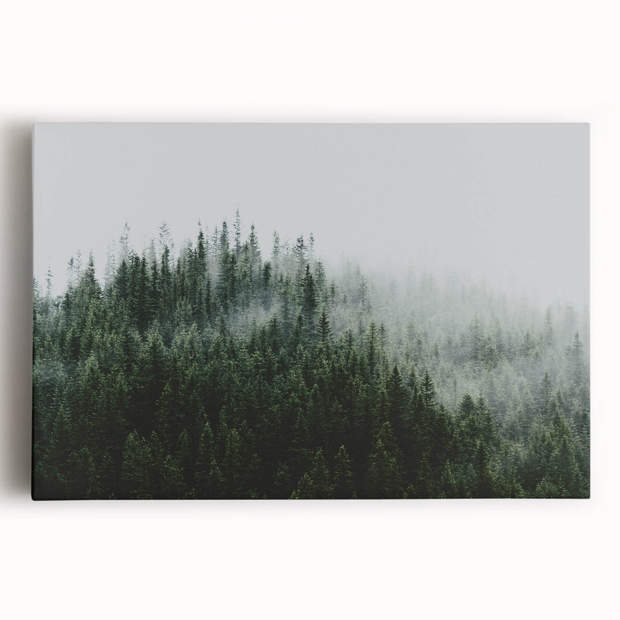 Stretched canvas wall art featuring a serene landscape design with mist and fog, showcasing soft hues of blue and gray for a calming atmosphere. Ideal for home decor.